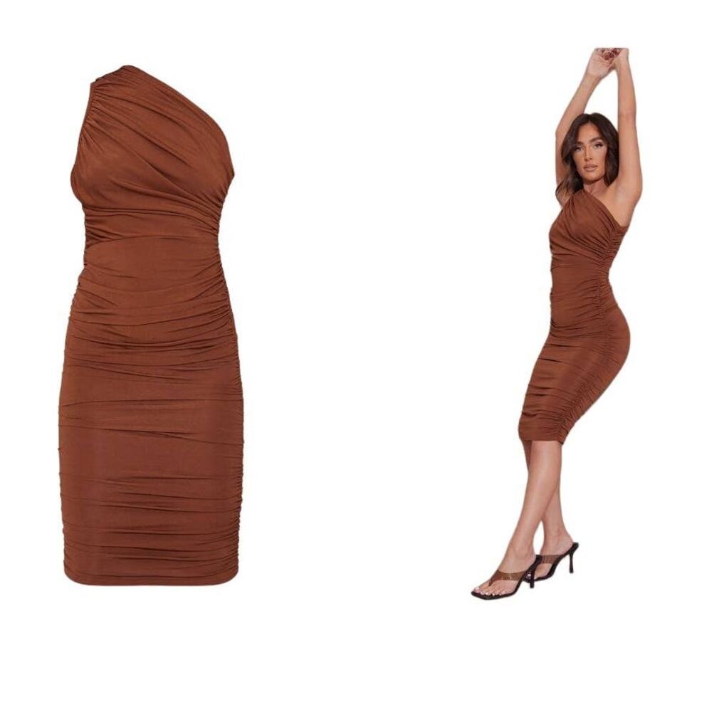 PrettyLittleThing Slinky Ruched One Shoulder Longline Bodycon Dress Size 8 NWT - Picture 1 of 6